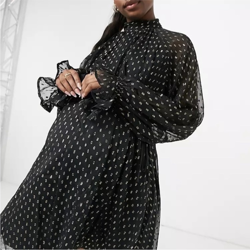 ASOS Maternity High Neck Long Sleeve Black/Gold Metallic Chiffon Mini Dress NWOT - Picture 4 of 15